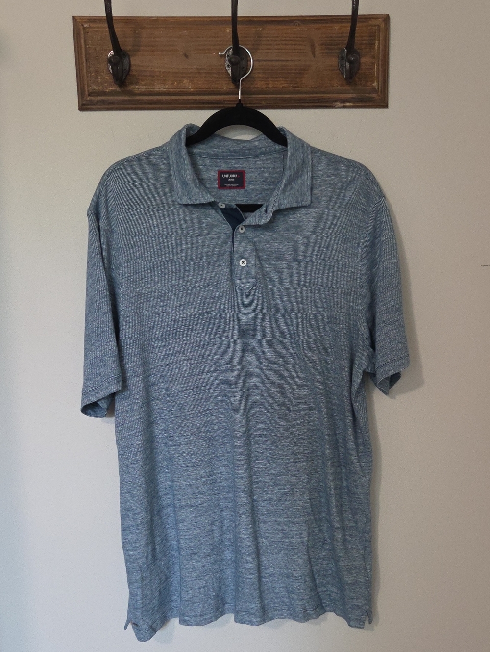 Untuckit Bardini Linen Blend Short Sleeve Polo Shirt Blue And White Large EUC